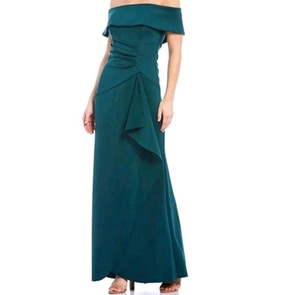 Xscape Women's Green Off The Shoulder Scuba Crepe Gown Size 6
